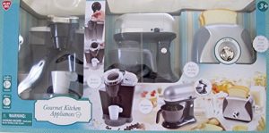 GOURMET Child Size KITCHEN APPLIANCES (Silver/Gray & Black) w Battery Operated COFFEE MAKER (Dispenses Water), Battery Operated MIX MASTER, and TOASTER has POP-UP Action