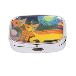 MagiDeal Couples Cats Moonlight Pill Storage Box Container with Internal Mirror
