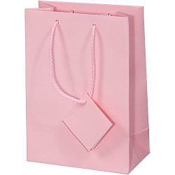 10 pcs Extra Small Matte Pink Shopping Paper Gift Sales Tote Bags with Blank Message Tag 3″ x 2″ x 3.5″