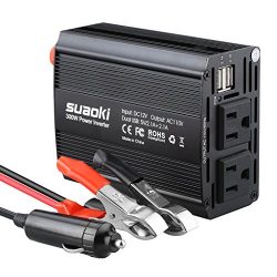 Suaoki Power Inverter 300W DC 12V to 110V AC Converter with 5V/2.1A Dual USB Ports, Car Battery Clamps and Car Charger for Charging Electronic Devices and Small Home Appliances