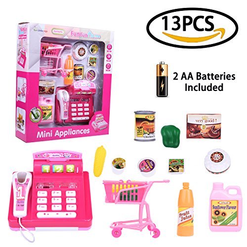 Fun Little Toys Home Mini Appliances Shopping Cart With Supplies and Cashier Telephone Radio Set 10 pcs Includes Batteries