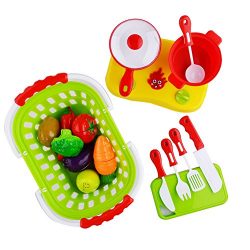 Acekid 20pcs Cutting Food Set Kid Pretend Cooking Toys Playset Plastic Fruits Vegetables with Basket Cookware Stovetop