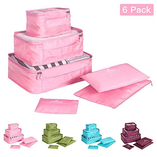 Pack of 6 Packing Cubes by 40000KM-Travel Luggage Organizers 6 Pcs-Travel Cube Organizer Set of 6 Polyester-Pink