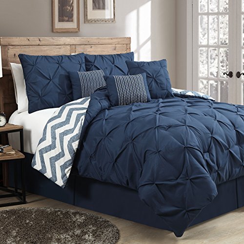 Geneva Home Fashion 7-Piece Ella Pinch Pleat Comforter Set, Queen, Navy