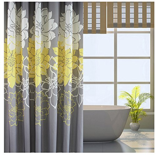 Eforgift Floral Printed Fabric Shower Curtain Polyester Waterproof/ No More Mildews Bathroom Curtains with Free Hooks Yellow/Gray /White (72-inch By 78-inch)