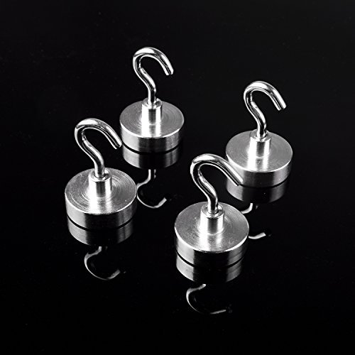 40Lb Neodymium Magnetic-Hooks(Pack of 4).Key-Hooks For Key Hanging, Utility-Hooks for Indoor/Outdoor. For Hanging on Refrigerator, Garage, Shed, Gym Lockers,Fridge. Bonus E-Magnetic Worksheet