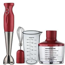 Ovente HS585R Robust Stainless Steel Immersion Hand Blender with Beaker, Whisk Attachment and Food Chopper, Red