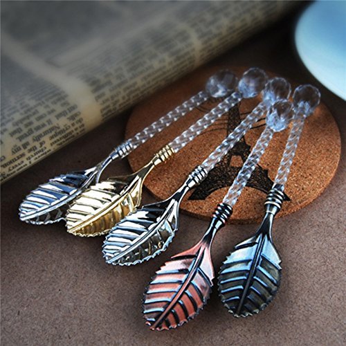 5Pcs/Lot Zinc Alloy Magic Coffee Small Spoon Vintage Coffee Ice Cream Multi-Color Crystal Handle Leaves Kitchen Dinnerware