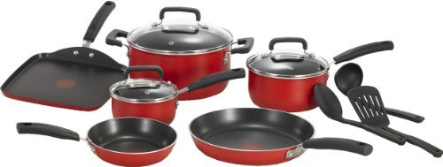 T-fal C112SC Signature Nonstick Expert Thermo-Spot Heat Indicator Dishwasher Safe Cookware Set, 12-Piece, Red