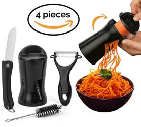 Vegetable Spaghetti / Noodle Maker Set. Includes Ceramic Peeler, Knife and Cleaning Brush. 2 Cutter Sizes. Designed to Spiralizer your vegetables in to spiral veggie pasta.