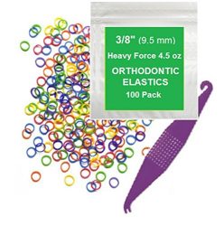 3/8″ inch Orthodontic Elastic Rubber Bands, 100 Pack, Neon, Heavy Force 4.5 oz, Small Rubberbands for making bows, Dreadlocks, Dreads, Doll Hair, Braids, Horse Mane, Horse Tail, Fix Tooth Gap in teeth, Top Knots + FREE Elastic Placer for braces
