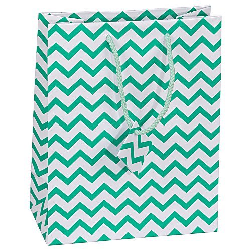 10 pcs Small Chevron Green Glossy Shopping Paper Gift Sales Tote Bags with Blank Message Tag 4″ x 2.75″ x 4.25″