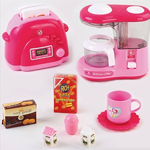 Children’s Kitchen Fun Little Toys Home Mini Appliances Coffee Maker and Toaster Sets 10pcs Batteries Included