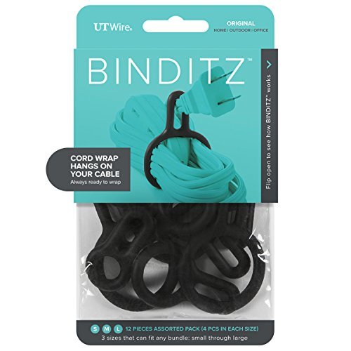 UT Wire UTW-R12-BK Binditz for Home Attachable Silicon Cable Wrap Kitchen Small Appliances, Computer, Hair Dryer Cords in White Set of 12 Assorted Sizes, Black