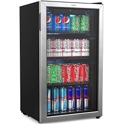 hOmeLabs Beverage Refrigerator and Cooler – Mini Fridge with Glass Door for Soda Beer or Wine – 120 Cans Capacity – Small Drink Dispenser Machine for Office or Bar with Adjustable Removable Shelves